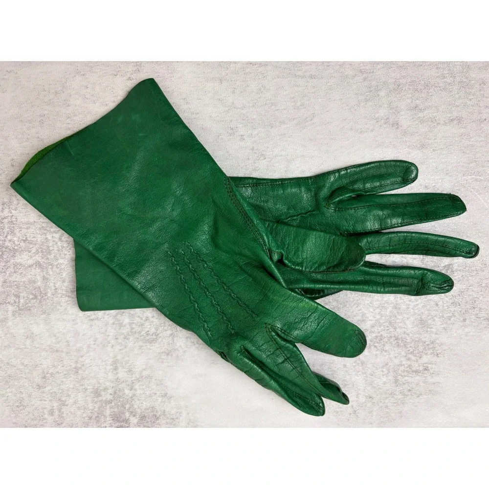 Vintage Emerald Green Leather Gloves Women's Long Wrist Driving Opera Mod Retro